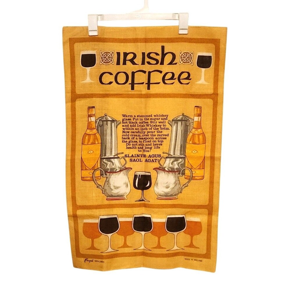 Vtg. Fingal Linen Tea Towel Irish Coffee Gold & Brown Made in Ireland 30" X 19"